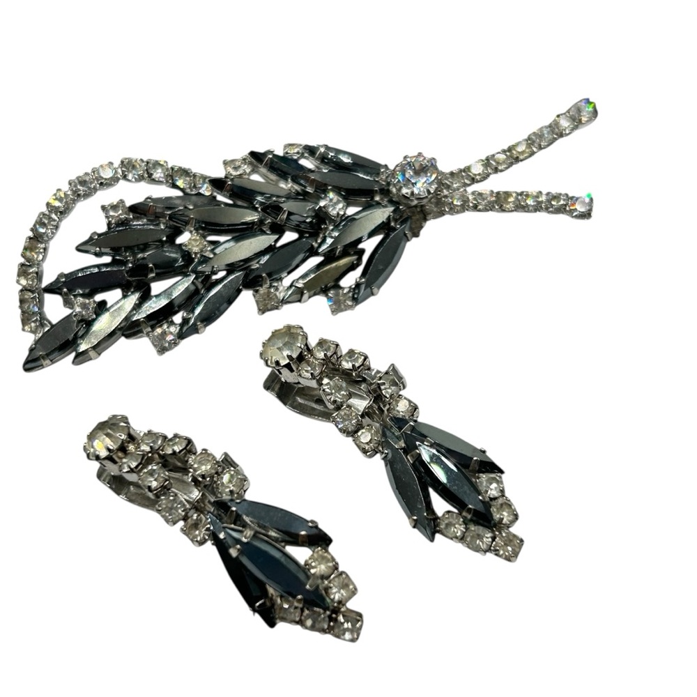 Vintage Hematite Rhinestone Leaf Brooch and Earring Set